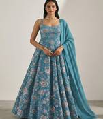 Teal green printed crepe anarkali set