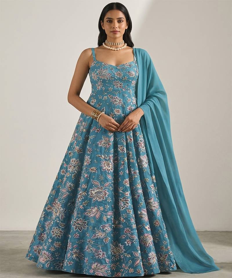 Teal green printed crepe anarkali set