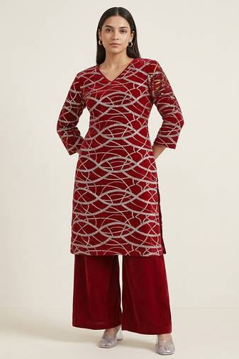 Red embroidered georgette kurta set