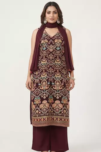 Maroon embroidered crepe kurta set