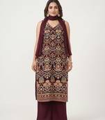 Maroon embroidered crepe kurta set