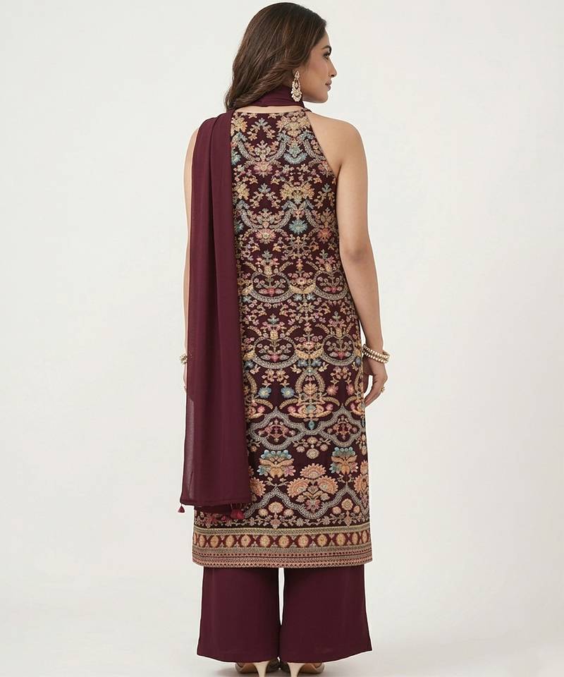 Maroon embroidered crepe kurta set