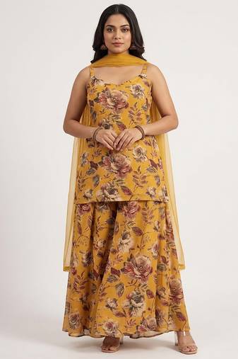 Yellow printed silk sharara set