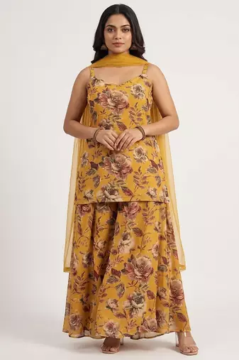 Yellow printed silk sharara set