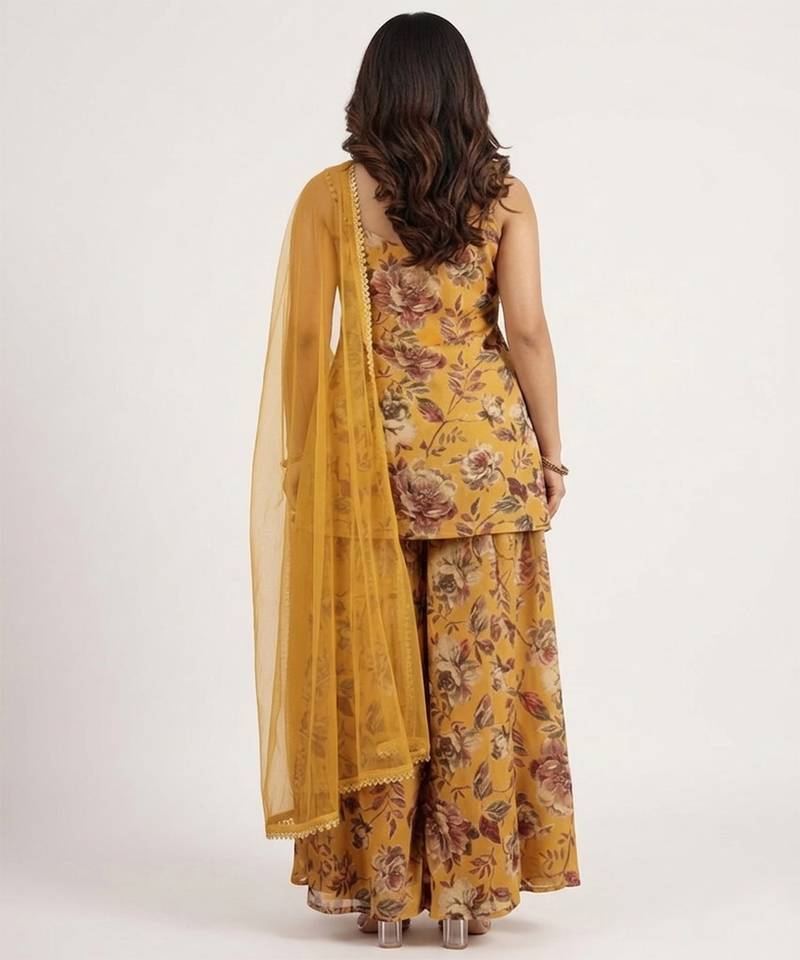 Yellow printed silk sharara set