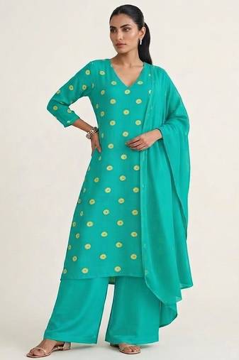 Teal blue printed satin kurta set