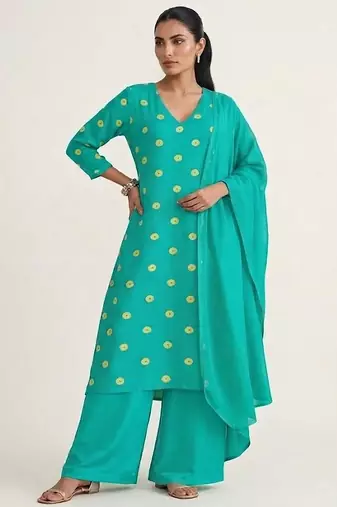 Teal blue printed satin kurta set