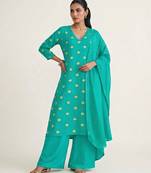 Teal blue printed satin kurta set