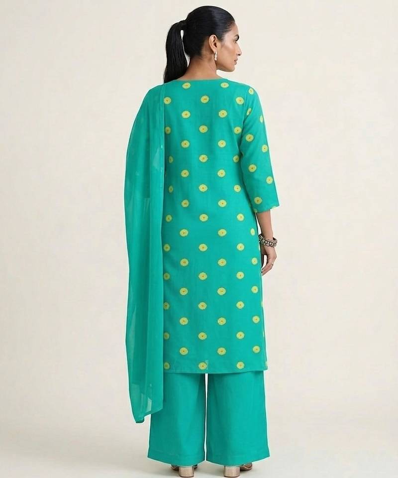 Teal blue printed satin kurta set