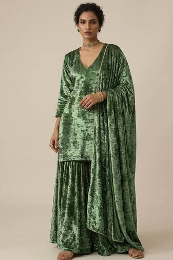 Emerald green woven velvet sharara set