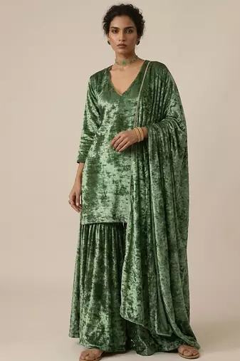 Emerald green woven velvet sharara set