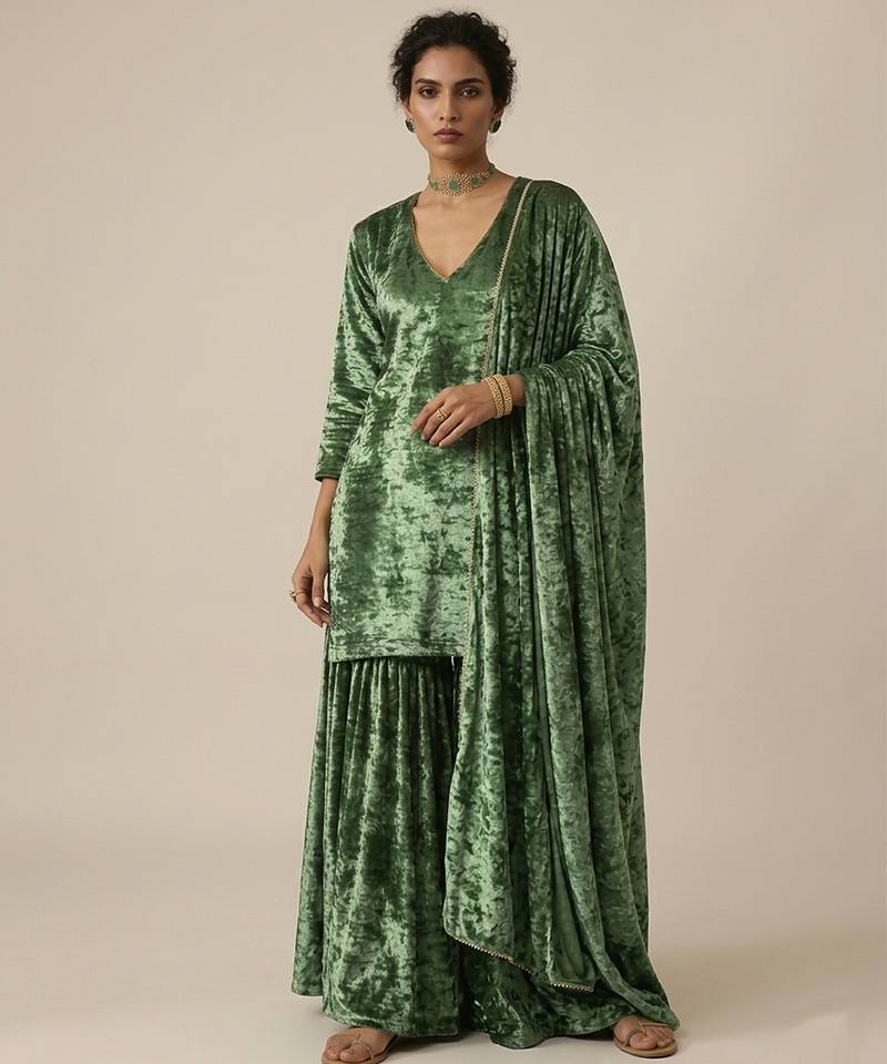Emerald green woven velvet sharara set