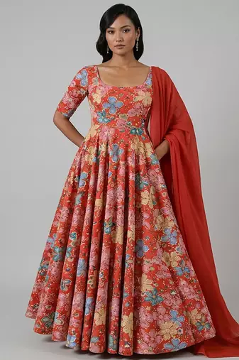 Red embroidered crepe anarkali set
