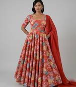 Red embroidered crepe anarkali set