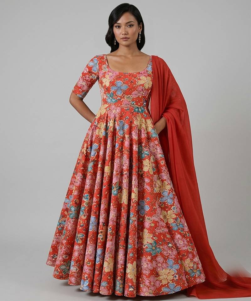 Red embroidered crepe anarkali set