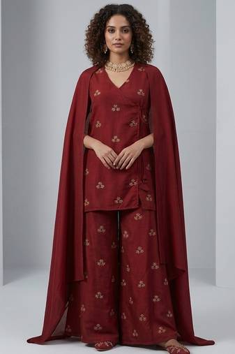 Maroon embroidered silk sharara set