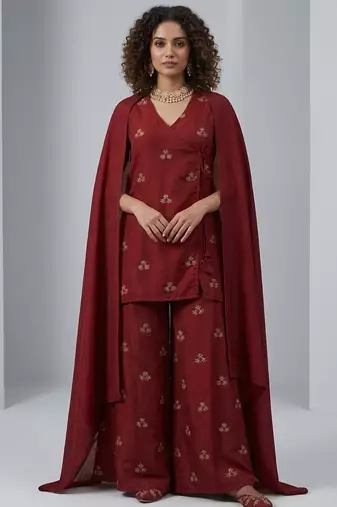 Maroon embroidered silk sharara set