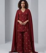 Maroon embroidered silk sharara set