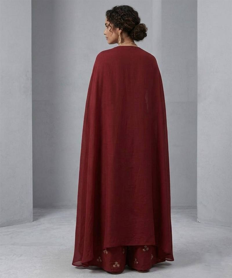 Maroon embroidered silk sharara set