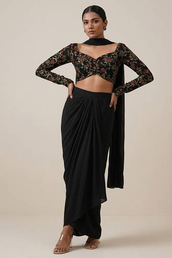 Black embroidered silk co ord set