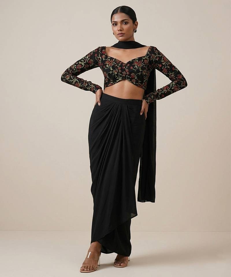 Black embroidered silk co ord set