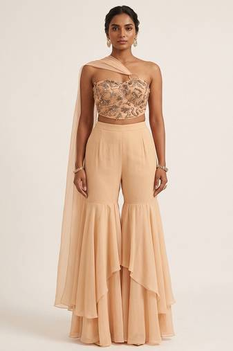 Beige embroidered georgette fusion sharara set