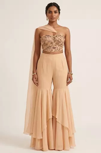 Beige embroidered georgette fusion sharara set