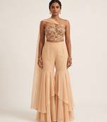 Beige embroidered georgette fusion sharara set