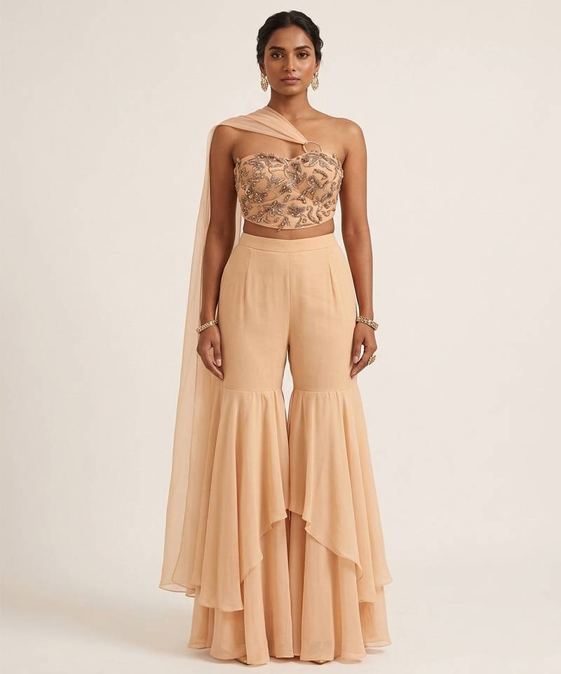 Beige embroidered georgette fusion sharara set