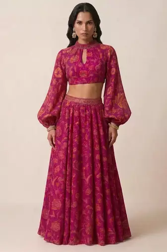 Hot pink printed satin co ord set