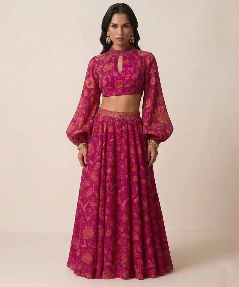 Hot pink printed satin co ord set