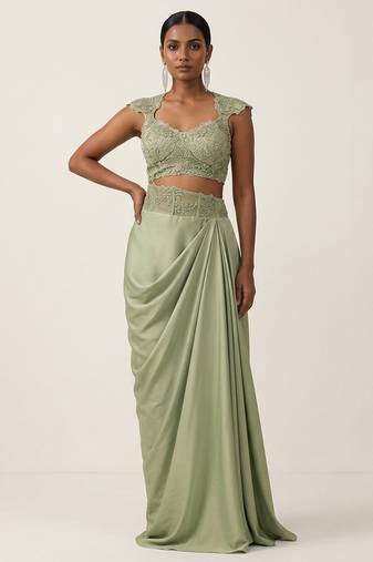 Olive green embroidered satin co ord set