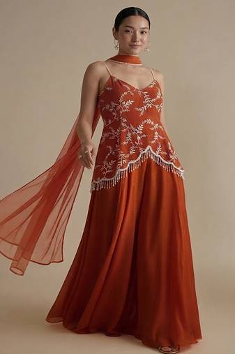 Orange embroidered crepe co ord set