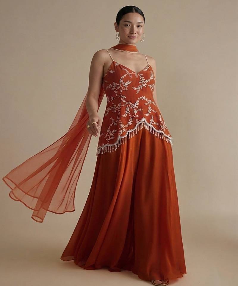 Orange embroidered crepe co ord set