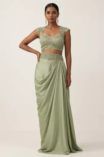 Sage green embroidered satin co ord set