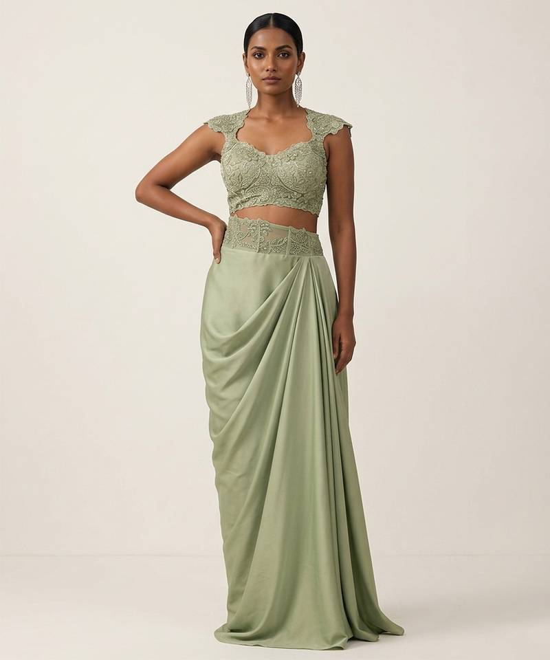 Sage green embroidered satin co ord set