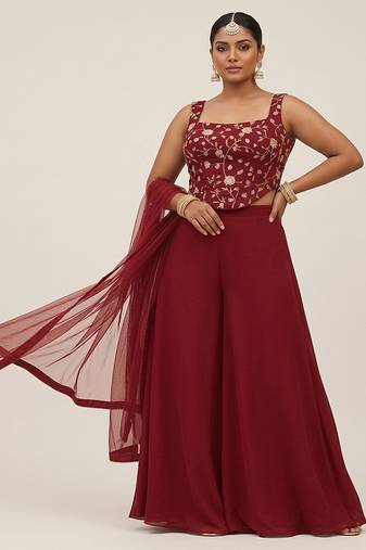 Maroon embroidered silk co ord set