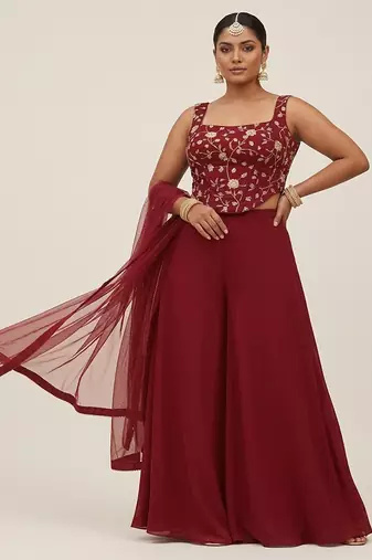 Maroon embroidered silk co ord set