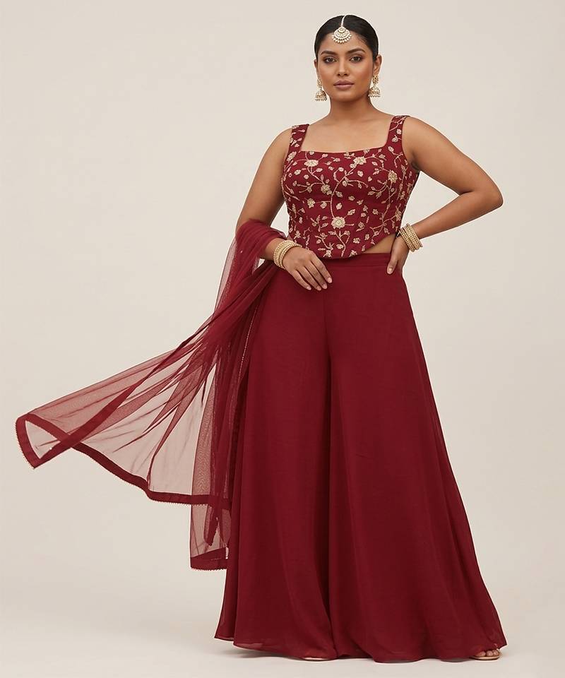 Maroon embroidered silk co ord set