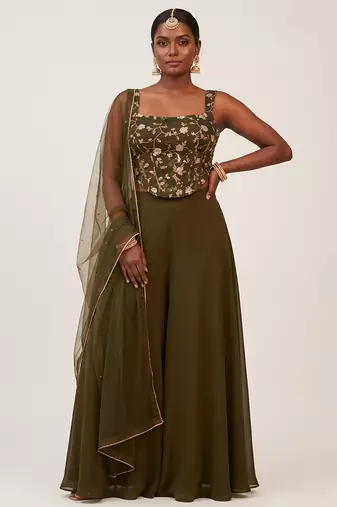 Olive green embroidered silk co ord set