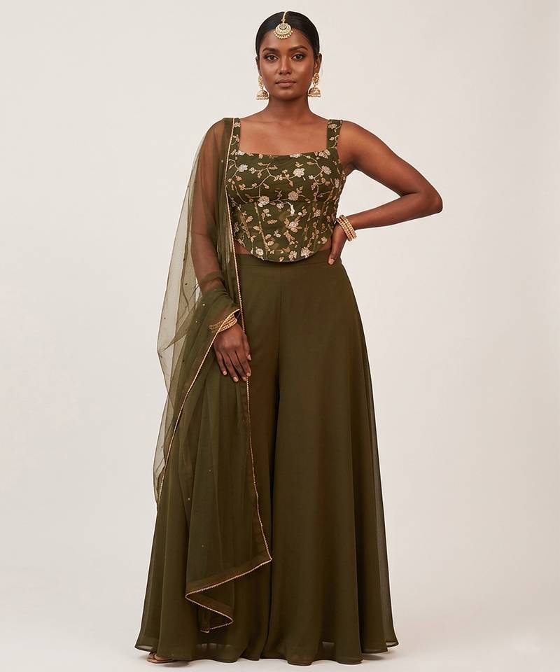Olive green embroidered silk co ord set