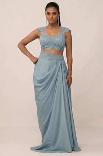 Blue embroidered satin co ord set