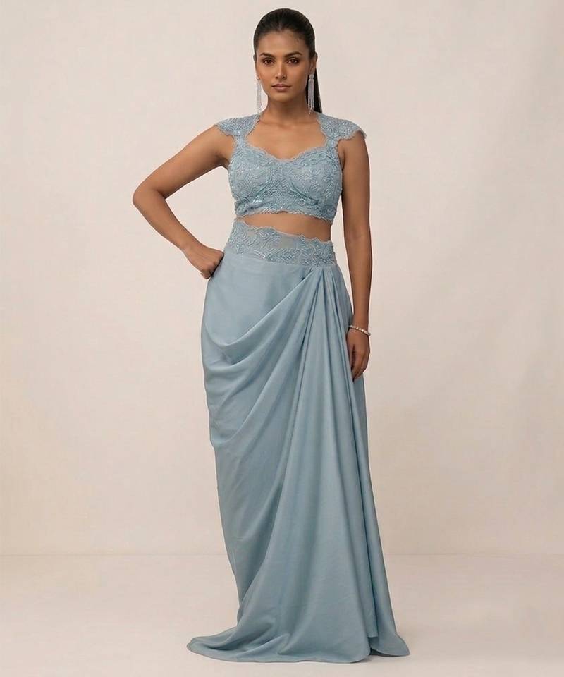 Blue embroidered satin co ord set