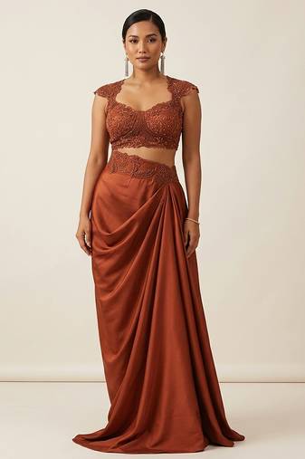 Maroon embroidered satin co ord set