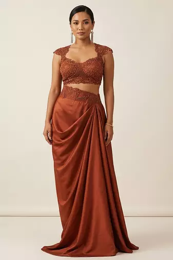 Maroon embroidered satin co ord set