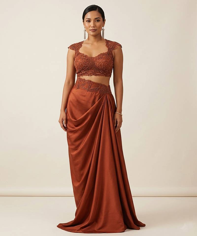 Maroon embroidered satin co ord set