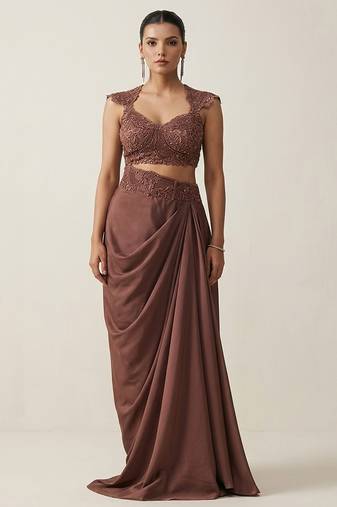Brown embroidered satin co ord set