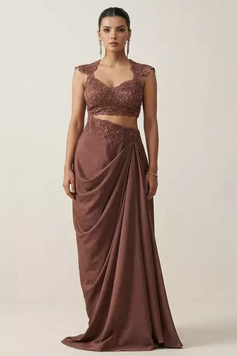 Brown embroidered satin co ord set