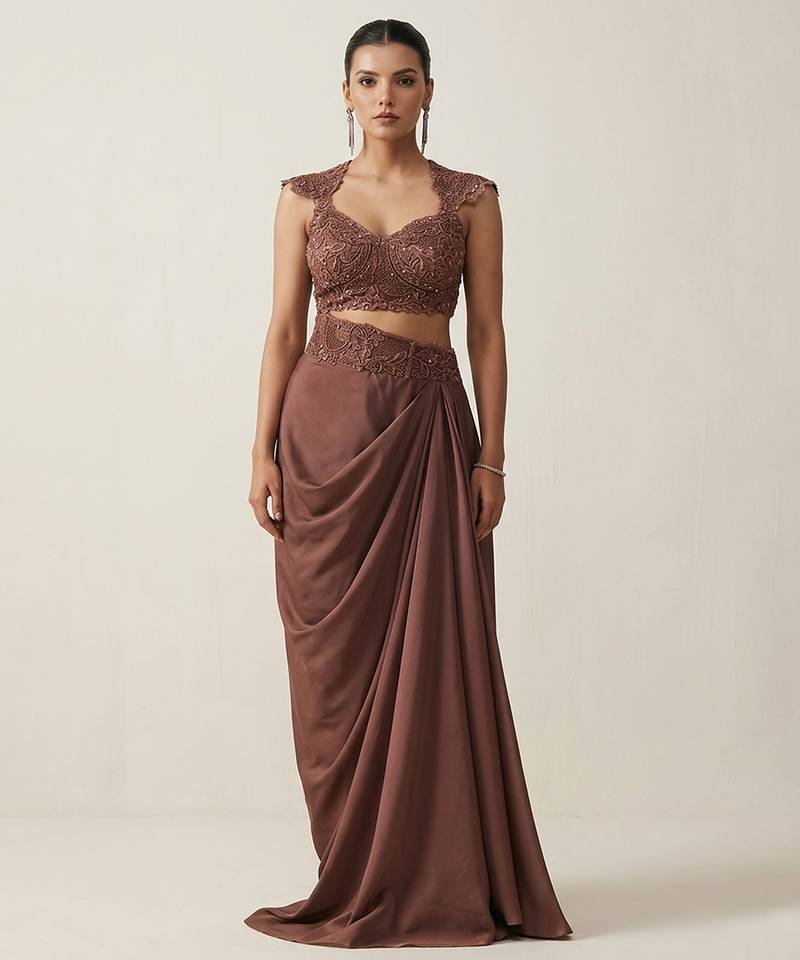 Brown embroidered satin co ord set