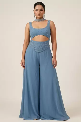 Blue embroidered georgette co ord set